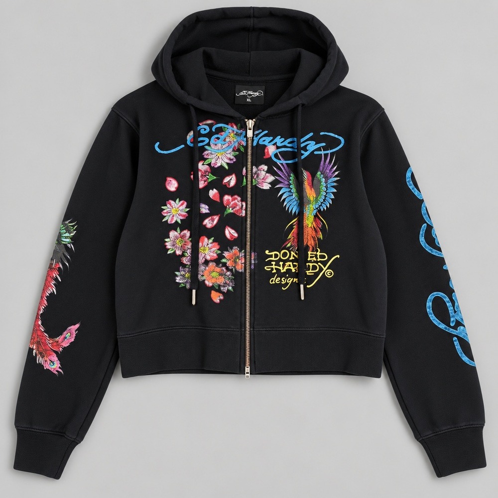 Ed Hardy Black Cropped Full Zip Hoodie Phoenix Floral Tattoo Graphic XL Y2K